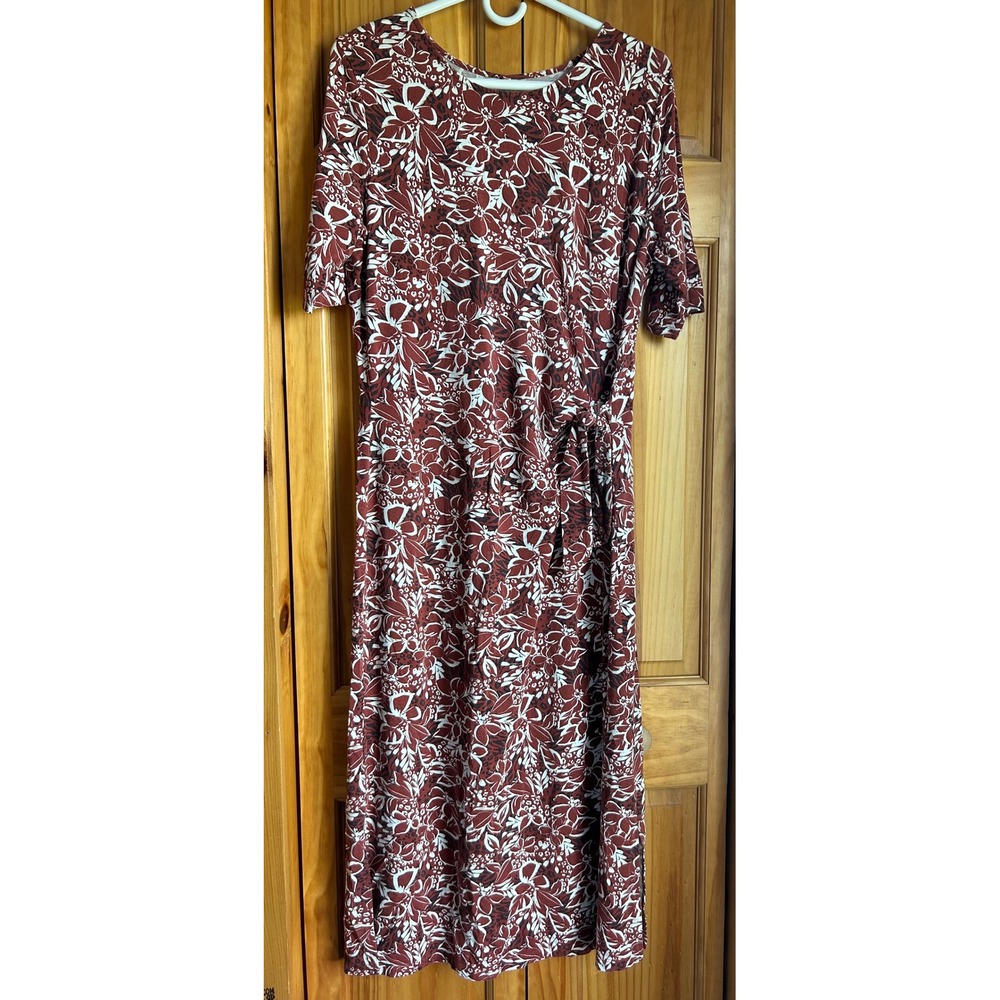 Garnet Hill Womens Large Midi Dress Rust Floral Faux Side Tie 3/4 Sleeve boho - Picture 3 of 5